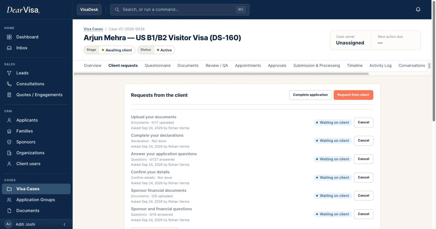 Client requests on a case: upload documents, complete declarations, answer application questions, confirm details