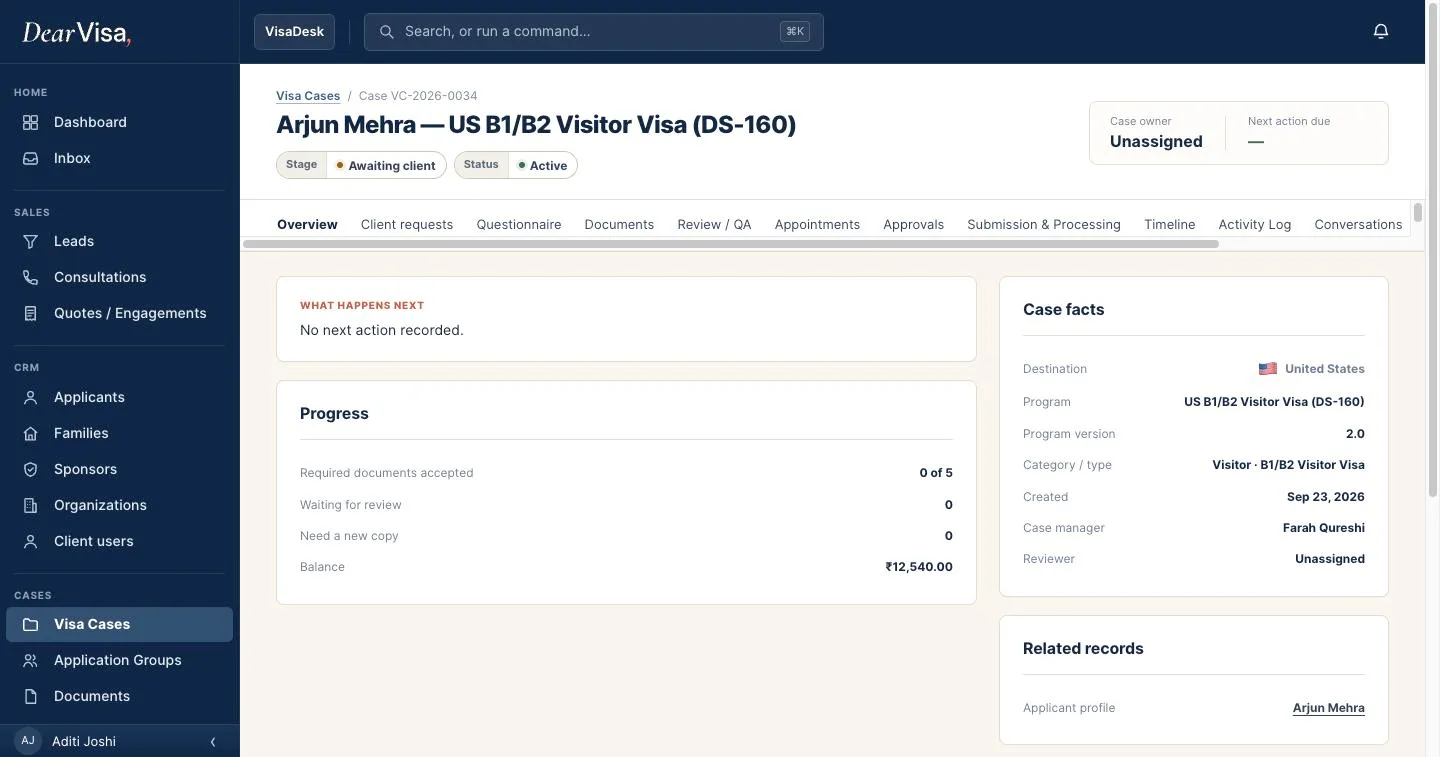 DearVisa case VC-2026-0034 for Arjun Mehra, US B1/B2 visitor visa on the DS-160: stage awaiting client, program version 2.0, case manager Farah Qureshi, balance 12,540 rupees