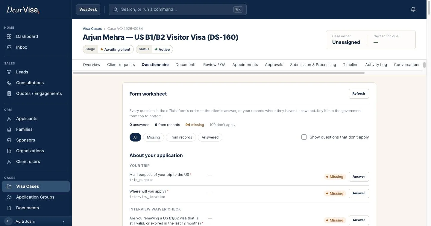 DearVisa form worksheet listing a visa form's questions with answers, answers from records, and missing items