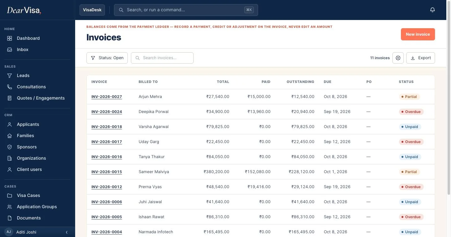 DearVisa invoices list in rupees with paid, partial, unpaid and overdue statuses