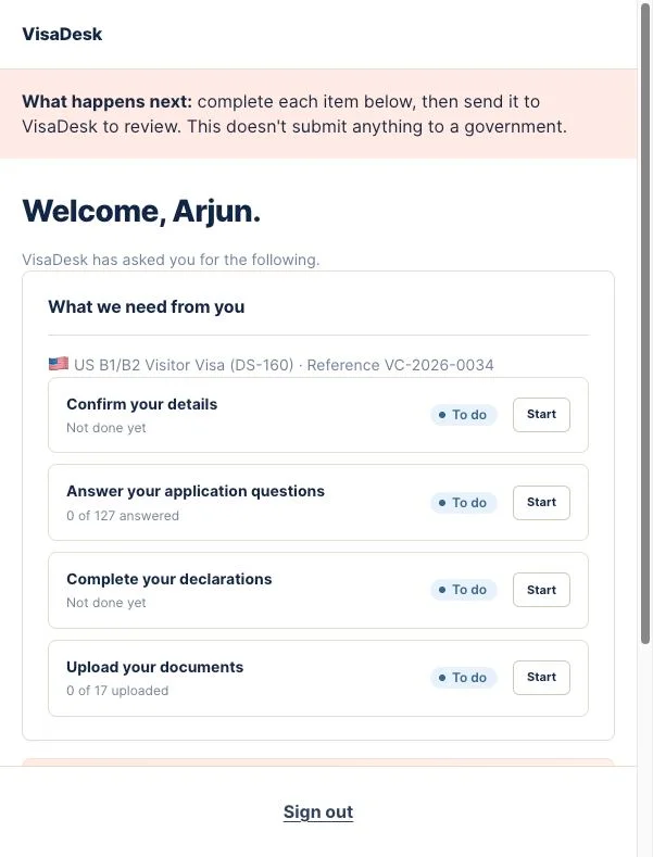 Client portal: Welcome, Arjun. What we need from you, with each request's progress