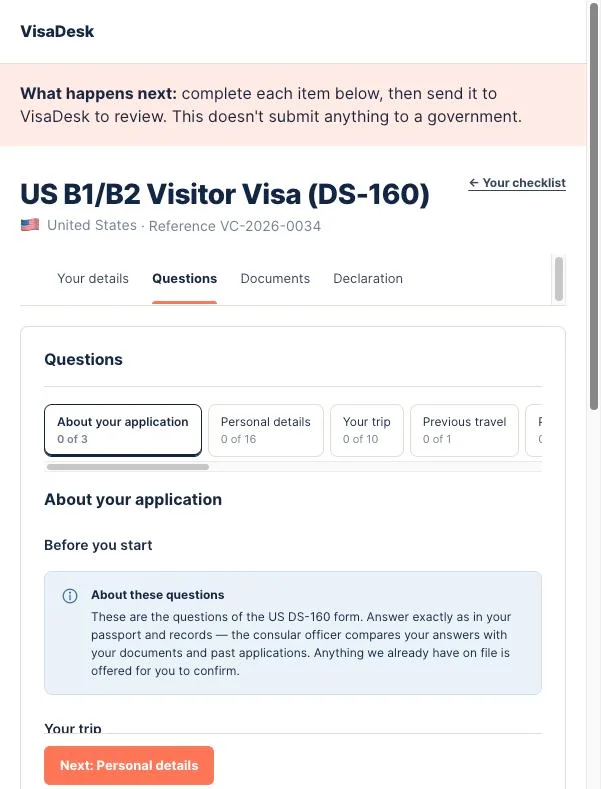 Client portal DS-160 questions for the US B1/B2 visa, grouped by section with progress