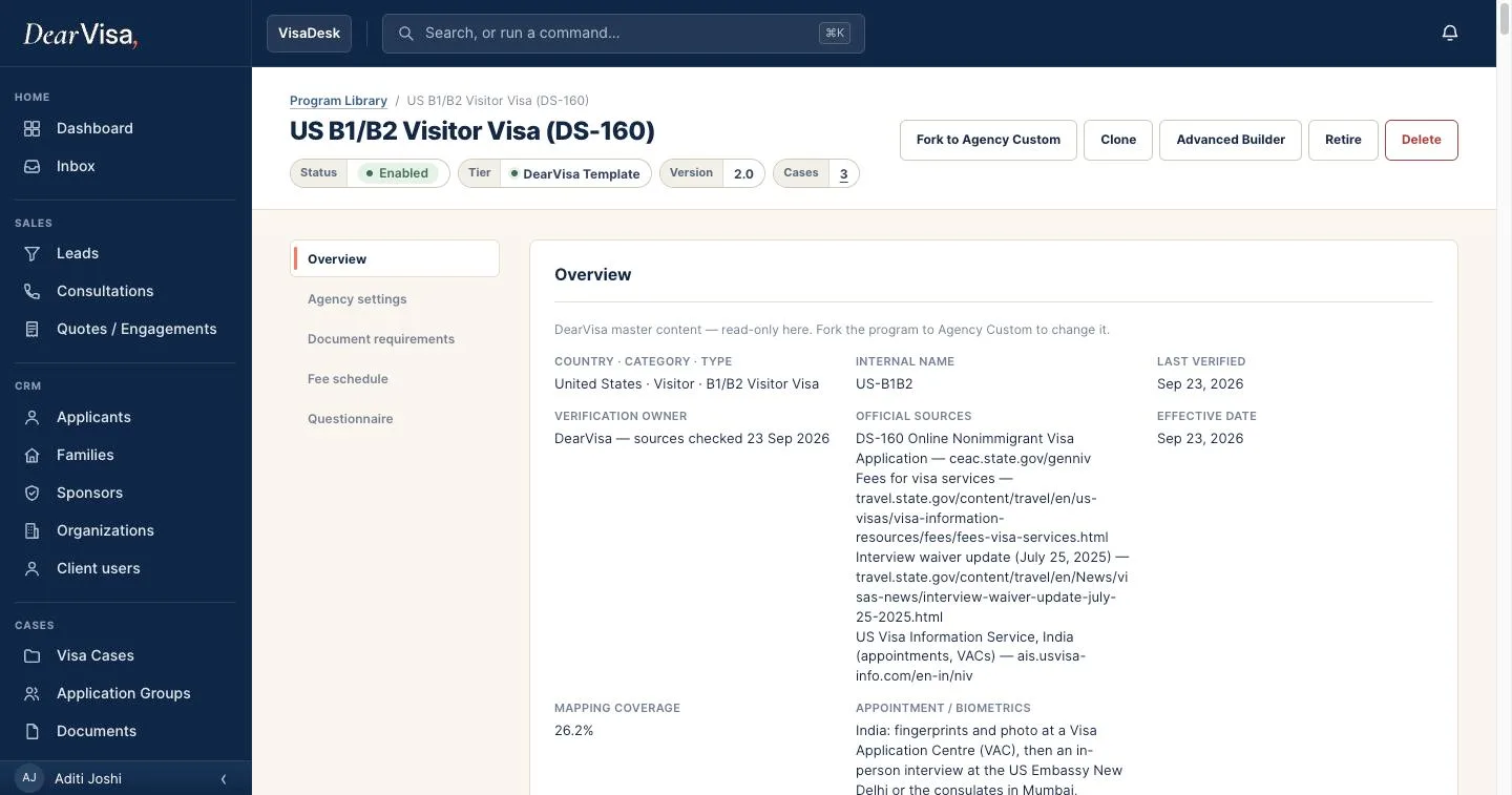 DearVisa program page for the US B1/B2 visitor visa with its official sources and last verified date